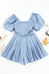 Square Neck Ruched Bodice Puff Sleeve Cotton Romper