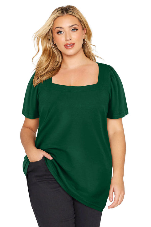 Square Neck Ruched Shoulder Puff Sleeve Top