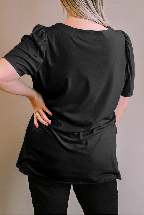 Square Neck Ruched Shoulder Puff Sleeve Top