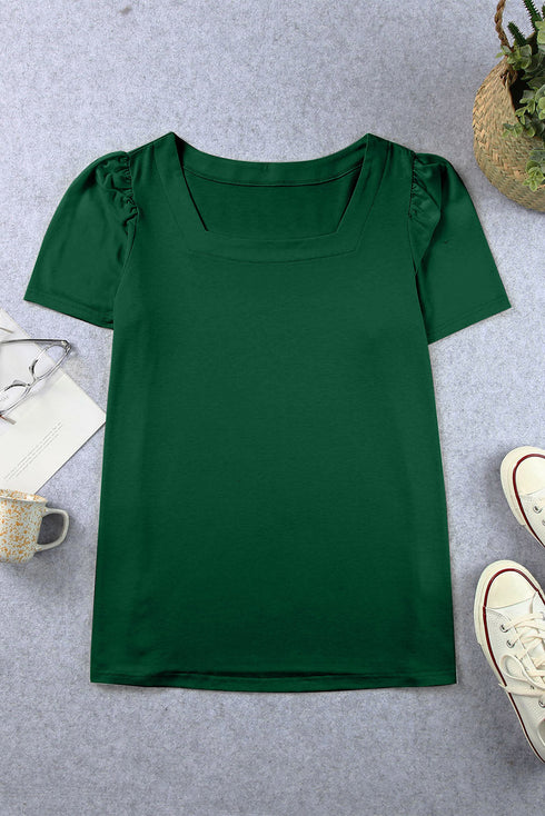 Square Neck Ruched Shoulder Puff Sleeve Top