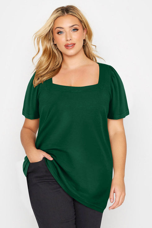 Square Neck Ruched Shoulder Puff Sleeve Top