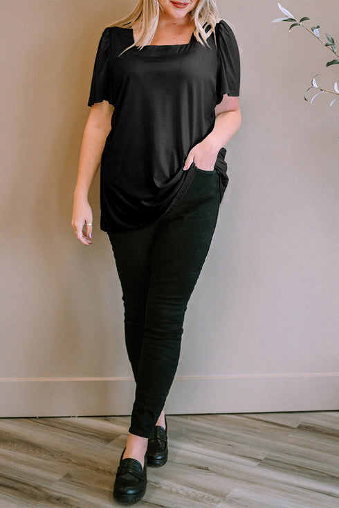 Square Neck Ruched Shoulder Puff Sleeve Top