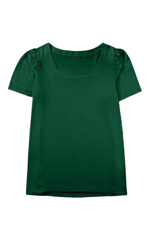 Square Neck Ruched Shoulder Puff Sleeve Top