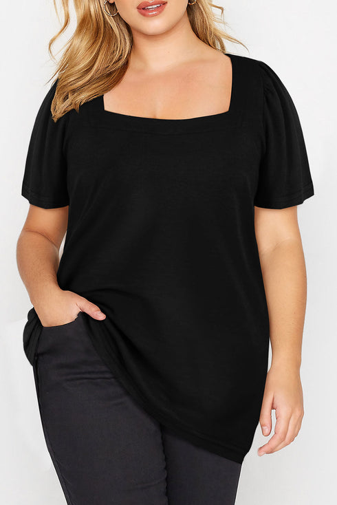 Square Neck Ruched Shoulder Puff Sleeve Top