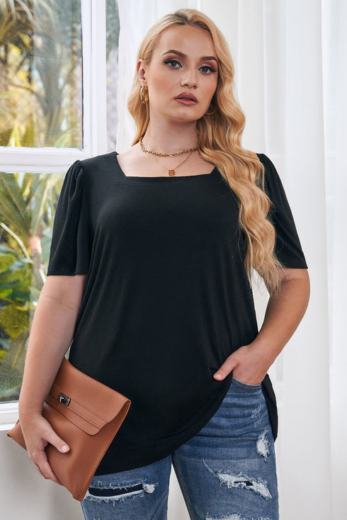 Square Neck Ruched Shoulder Puff Sleeve Top