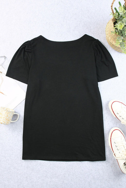 Square Neck Ruched Shoulder Puff Sleeve Top
