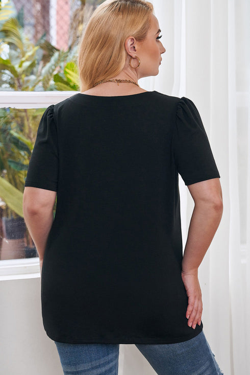 Square Neck Ruched Shoulder Puff Sleeve Top