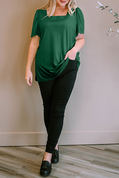 Square Neck Ruched Shoulder Puff Sleeve Top