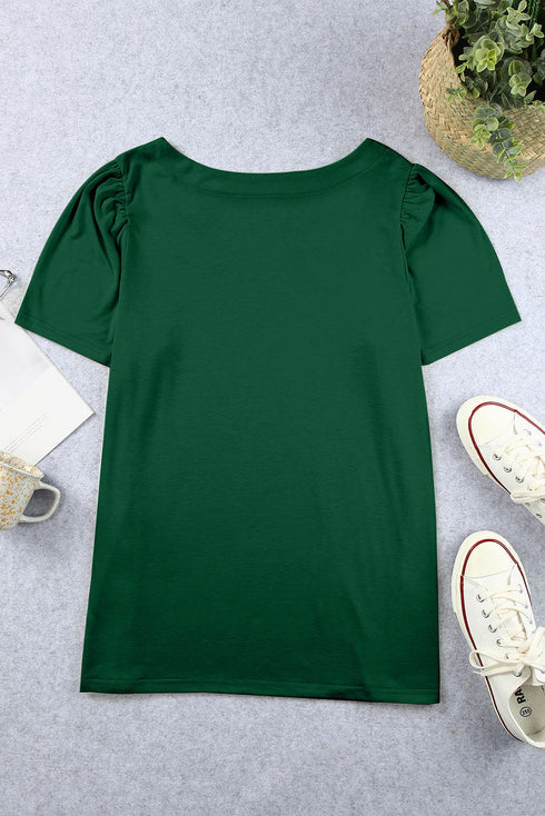 Square Neck Ruched Shoulder Puff Sleeve Top
