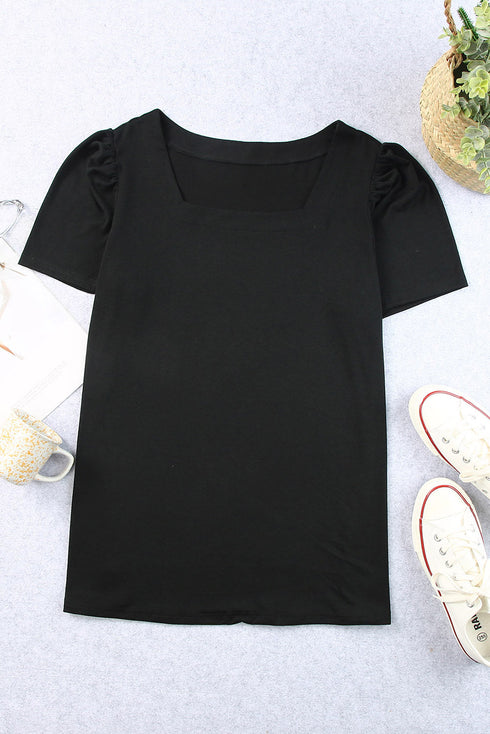 Square Neck Ruched Shoulder Puff Sleeve Top