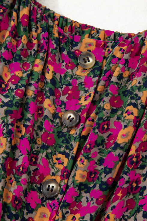Square Neck Ruffle Sleeve Button Front Floral Top