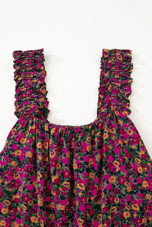 Square Neck Ruffle Sleeve Button Front Floral Top