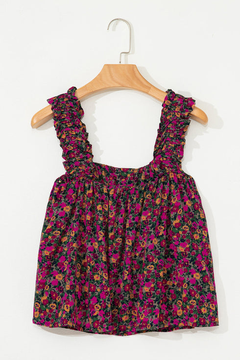 Square Neck Ruffle Sleeve Button Front Floral Top