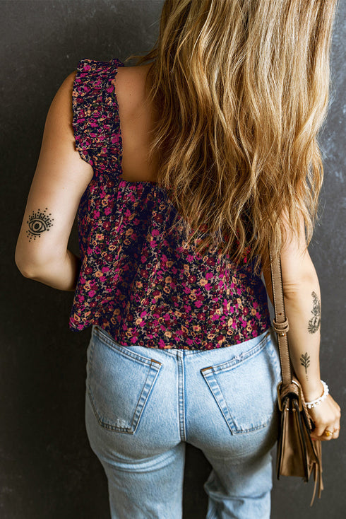 Square Neck Ruffle Sleeve Button Front Floral Top