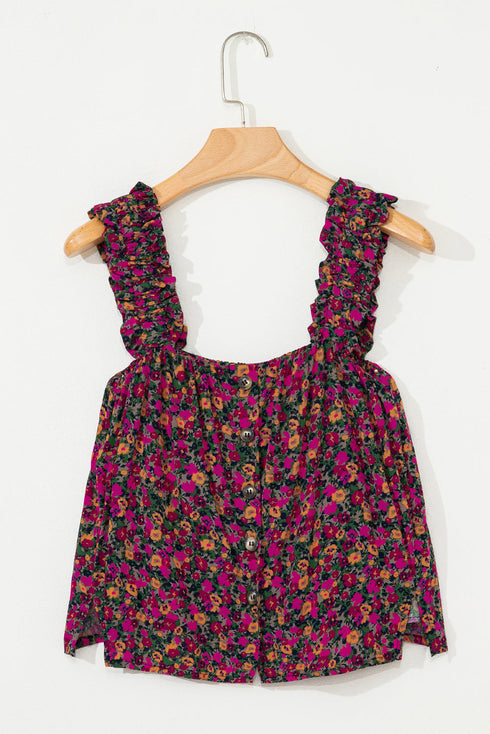 Square Neck Ruffle Sleeve Button Front Floral Top