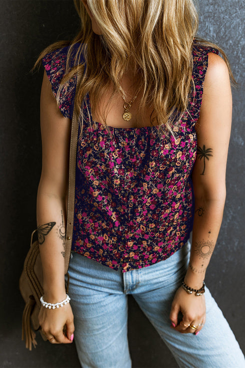 Square Neck Ruffle Sleeve Button Front Floral Top