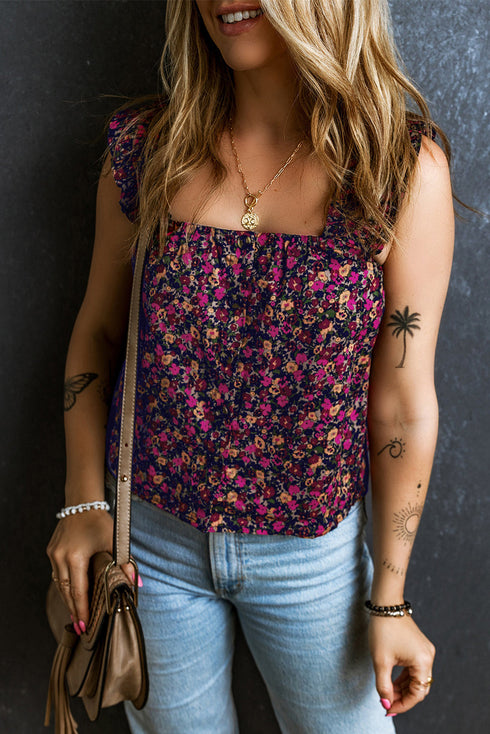Square Neck Ruffle Sleeve Button Front Floral Top