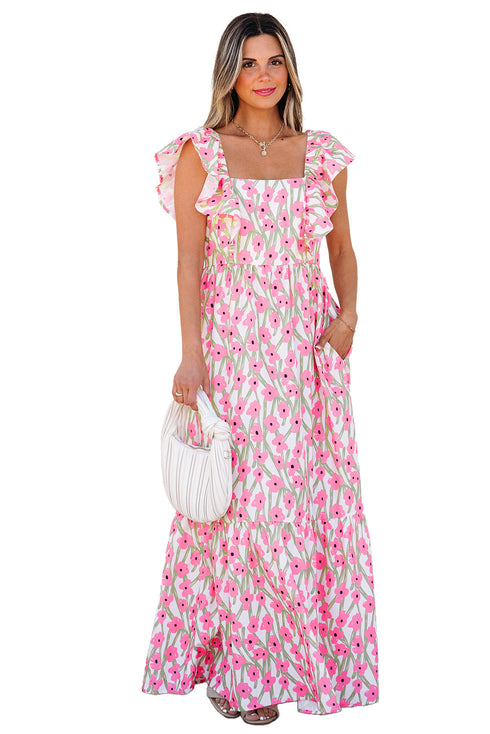 Square Neck Ruffle Sleeve Floral Maxi Dress