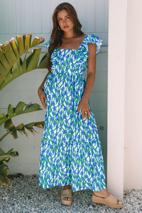 Square Neck Ruffle Sleeve Floral Maxi Dress