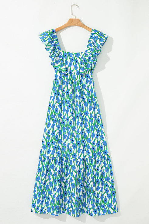 Square Neck Ruffle Sleeve Floral Maxi Dress