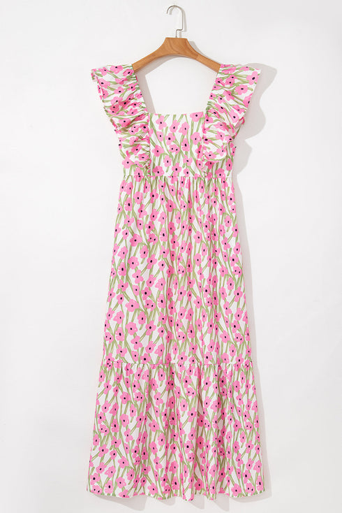 Square Neck Ruffle Sleeve Floral Maxi Dress