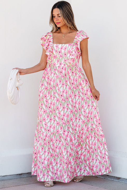 Square Neck Ruffle Sleeve Floral Maxi Dress