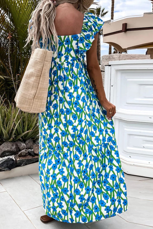 Square Neck Ruffle Sleeve Floral Maxi Dress
