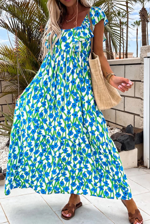 Square Neck Ruffle Sleeve Floral Maxi Dress