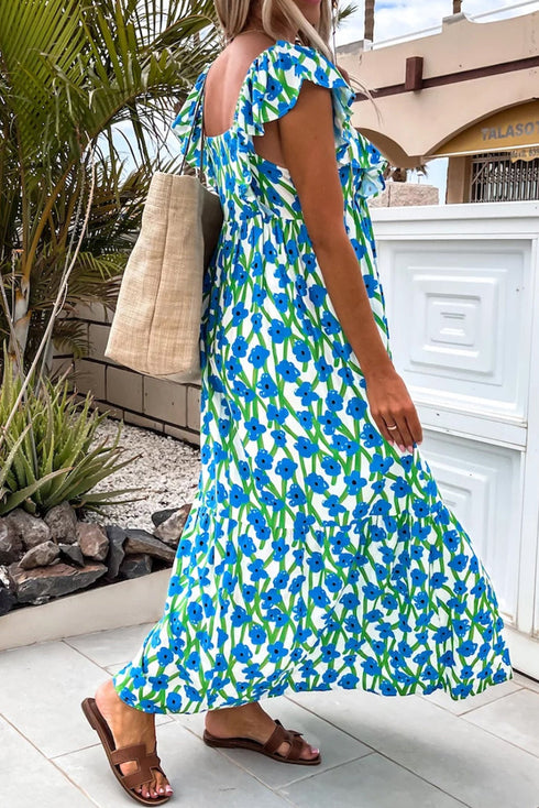 Square Neck Ruffle Sleeve Floral Maxi Dress