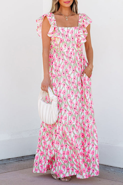 Square Neck Ruffle Sleeve Floral Maxi Dress