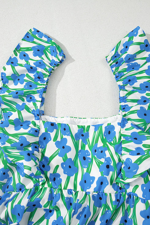 Square Neck Ruffle Sleeve Floral Maxi Dress