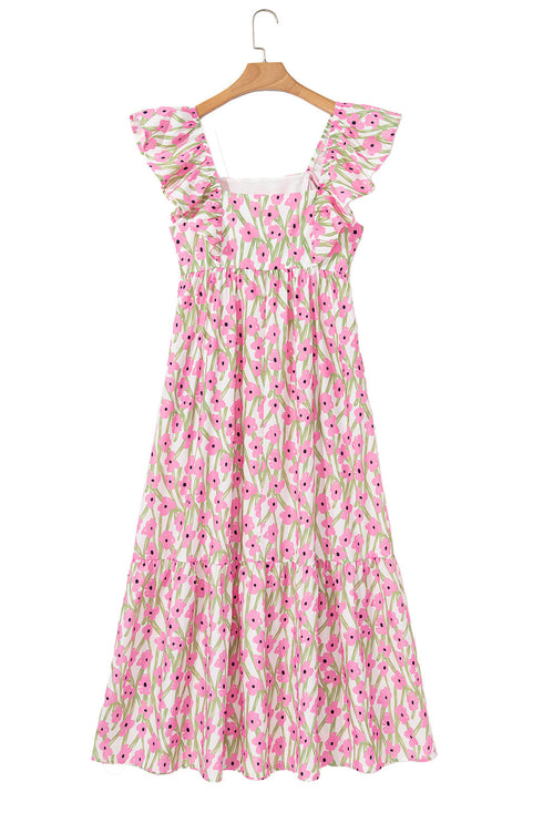 Square Neck Ruffle Sleeve Floral Maxi Dress