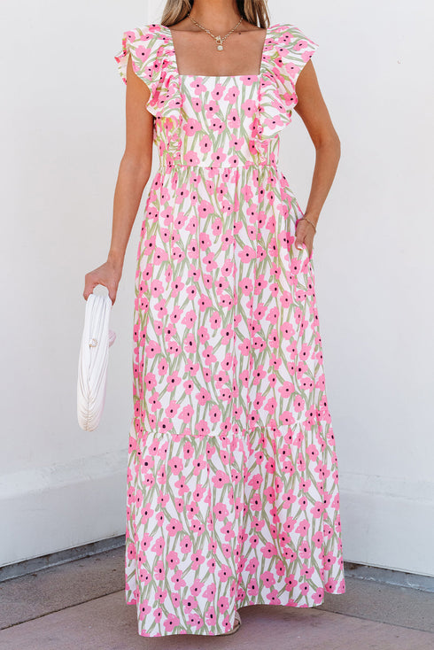 Square Neck Ruffle Sleeve Floral Maxi Dress