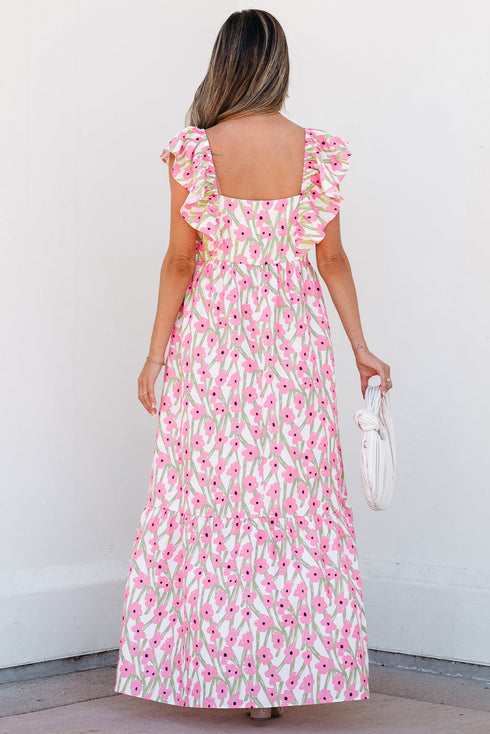 Square Neck Ruffle Sleeve Floral Maxi Dress