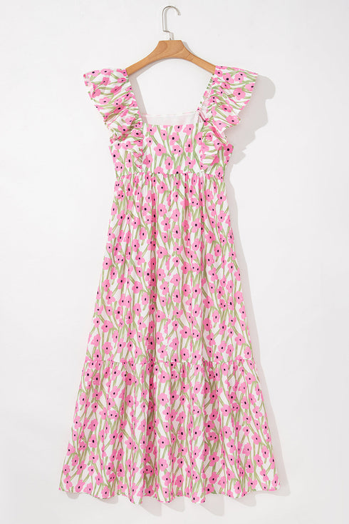 Square Neck Ruffle Sleeve Floral Maxi Dress