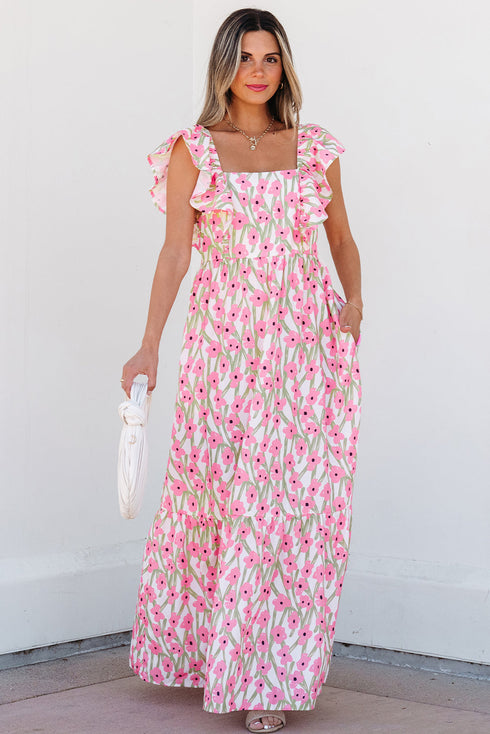 Square Neck Ruffle Sleeve Floral Maxi Dress