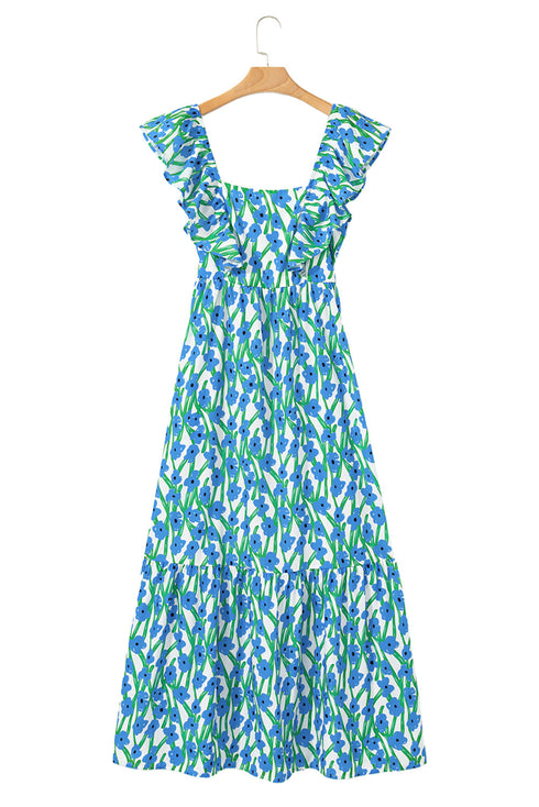 Square Neck Ruffle Sleeve Floral Maxi Dress