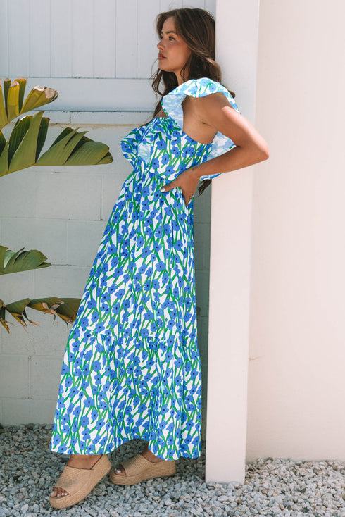 Square Neck Ruffle Sleeve Floral Maxi Dress