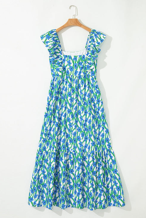 Square Neck Ruffle Sleeve Floral Maxi Dress