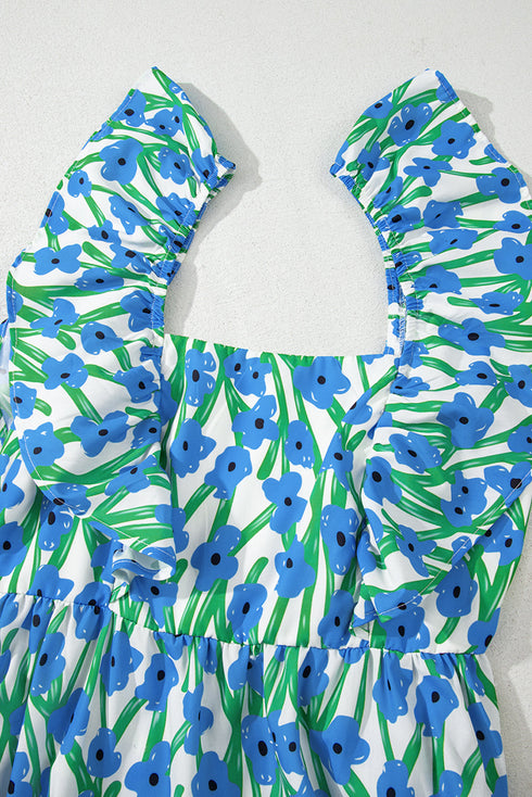 Square Neck Ruffle Sleeve Floral Maxi Dress