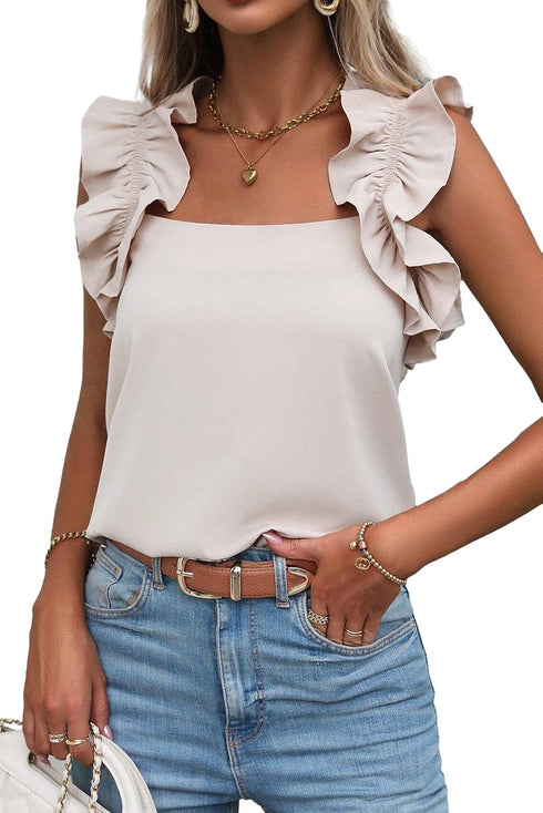 Square Neck Ruffle Strap Sleeveless Woven Blouse