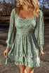 Square Neck Shirred Waist Tiered Ruffled Mini Floral Dresses