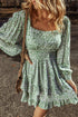 Square Neck Shirred Waist Tiered Ruffled Mini Floral Dresses