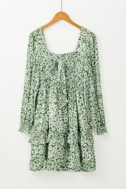 Square Neck Shirred Waist Tiered Ruffled Mini Floral Dresses