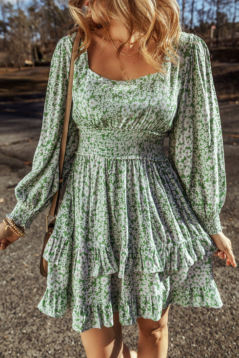 Square Neck Shirred Waist Tiered Ruffled Mini Floral Dresses
