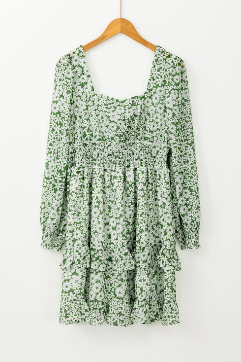 Square Neck Shirred Waist Tiered Ruffled Mini Floral Dresses