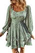 Square Neck Shirred Waist Tiered Ruffled Mini Floral Dresses