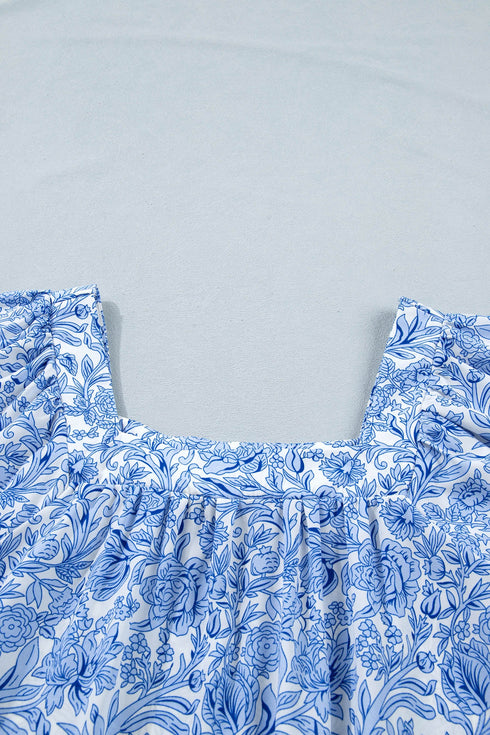 Square Neck Short Puff Sleeve Pleated Floral Blouse