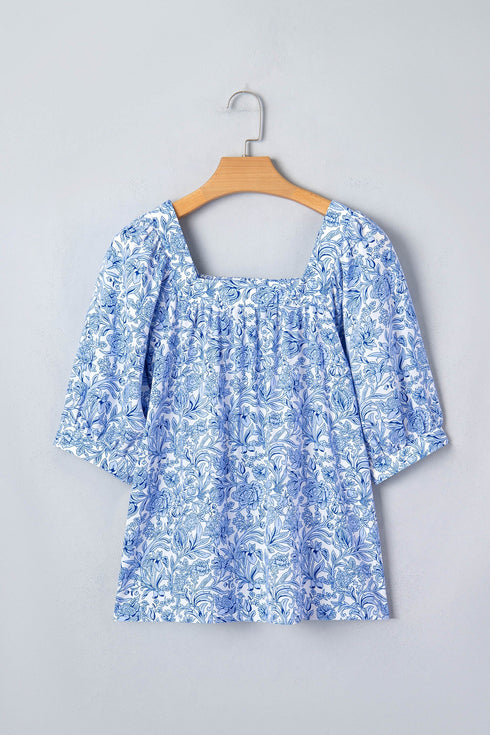 Square Neck Short Puff Sleeve Pleated Floral Blouse
