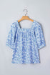 Square Neck Short Puff Sleeve Pleated Floral Blouse